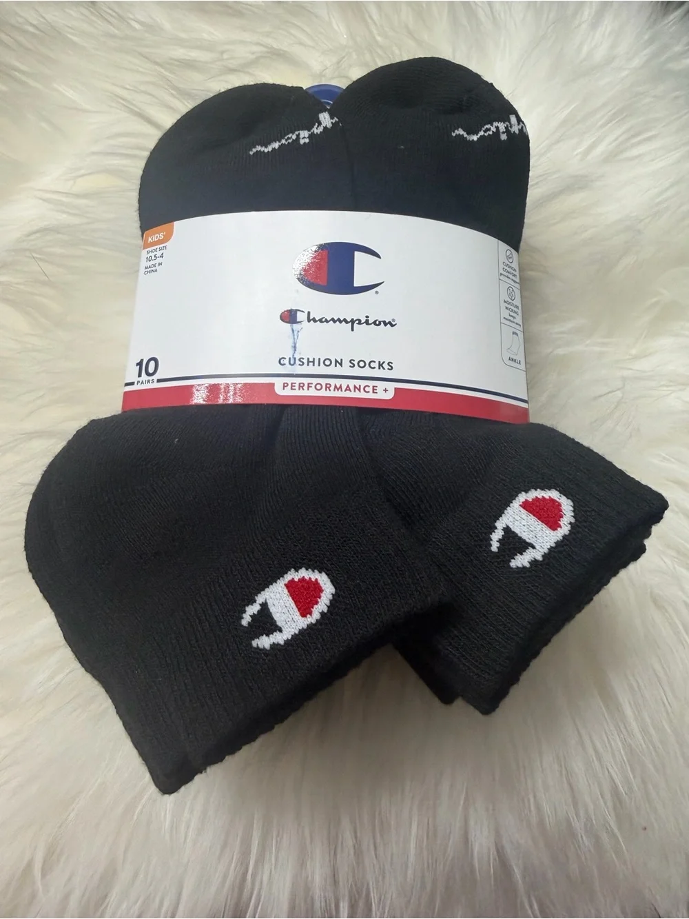 Champion Kids Black Ankle Cushion Socks with White & Red Logo - 10 Pack